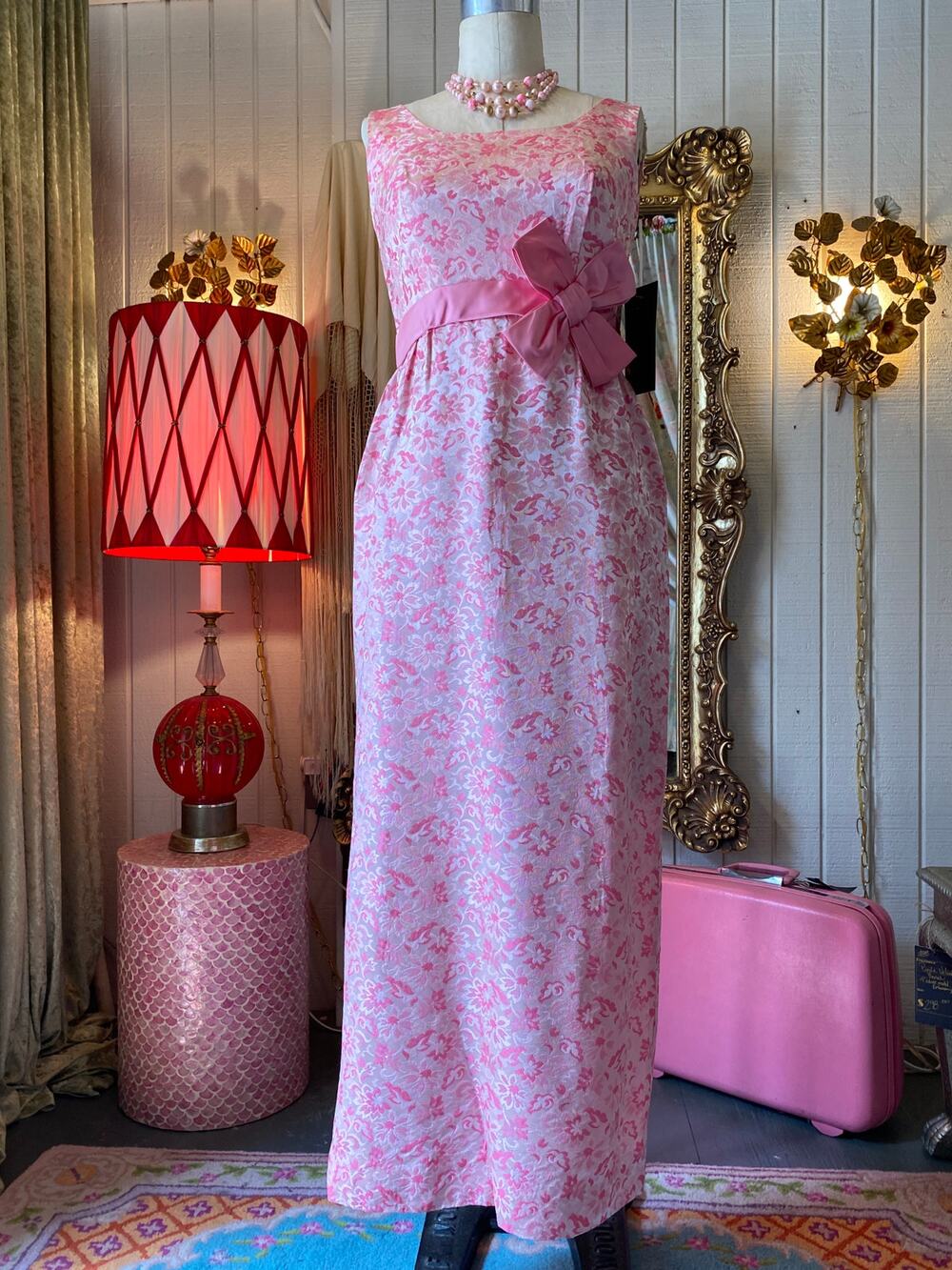 vintage 1960s pink brocade gown, satin bow, 60s formal, evening gown, maisel, sm